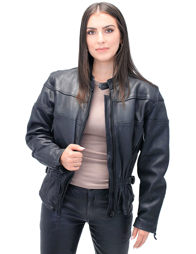 Women's Wide Stripe Vented Leather Motorcycle Jacket - Special #L602VZSP