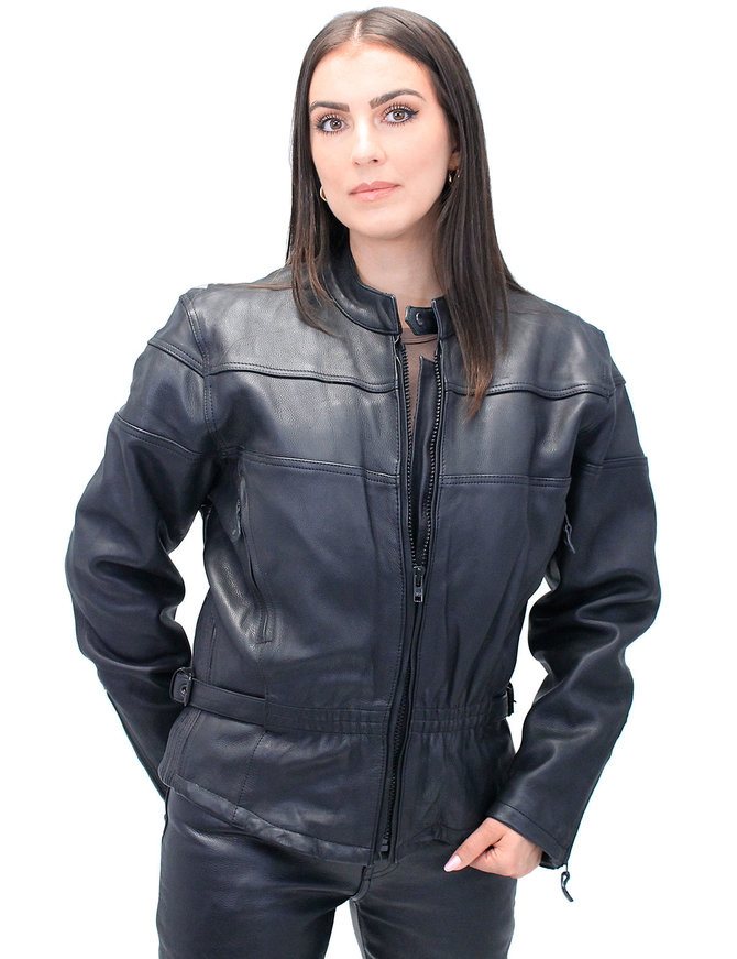 Women's Wide Stripe Vented Leather Motorcycle Jacket - Special #L602VZSP