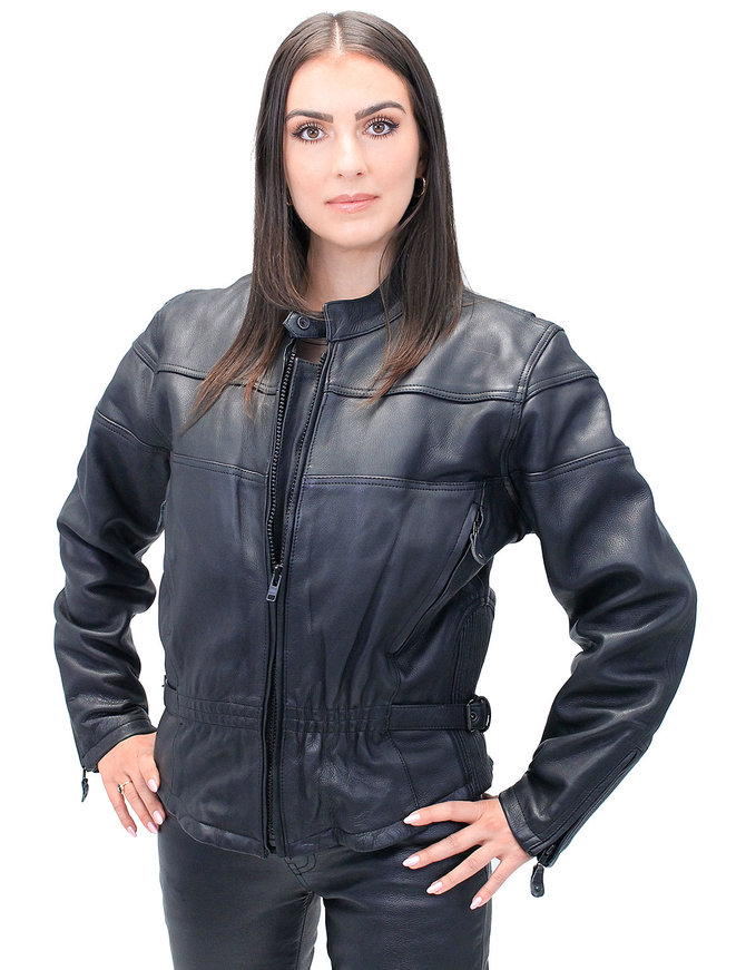 Women's Wide Stripe Vented Leather Motorcycle Jacket - Special #L602VZSP