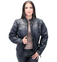 Women's Wide Stripe Vented Leather Motorcycle Jacket - Special #L602VZSP