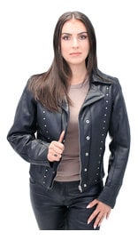 Jamin Leather® Black Rivet Trim Cowhide Motorcycle Jacket #L4042RZK (XS-S, 3X)