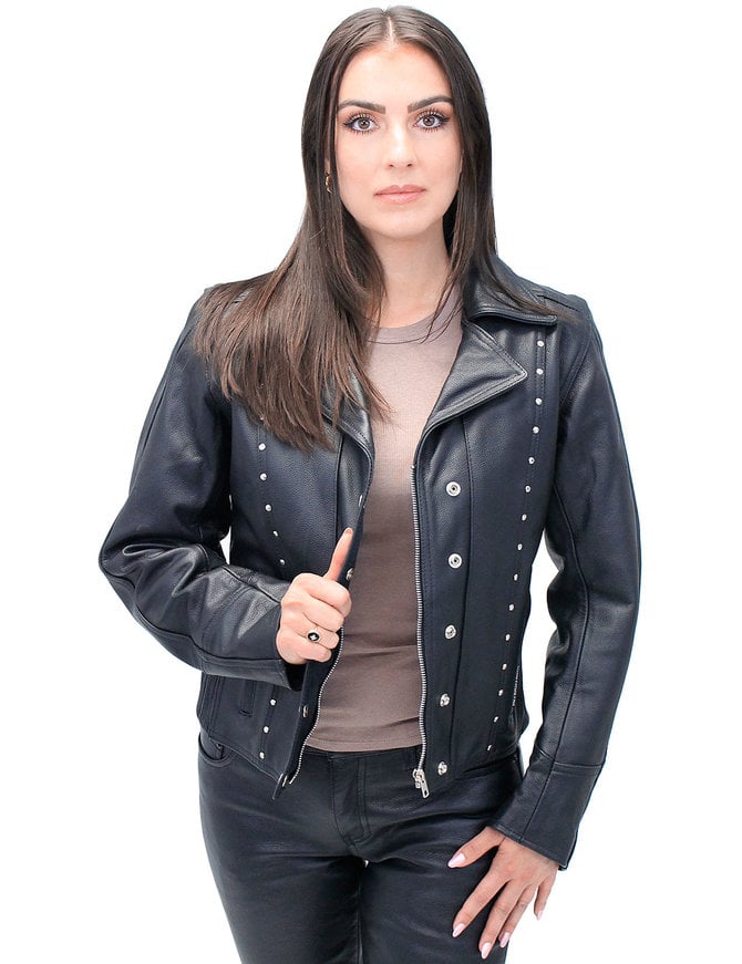 Jamin Leather Black Rivet Trim Cowhide Motorcycle Jacket for Women #L4042RZK