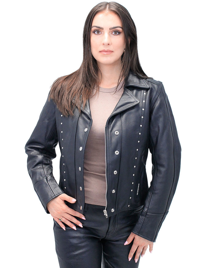 Jamin Leather® Black Rivet Trim Cowhide Motorcycle Jacket for Women #L4042RZK