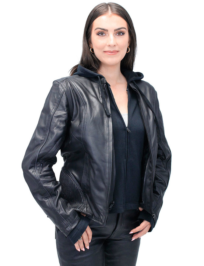 Unik Women's Black Vented Leather Jacket w/Hoodie #L6953HVZRK