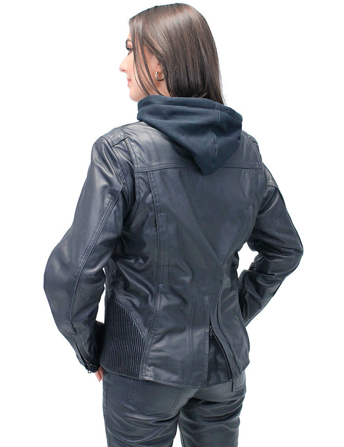 Unik Women's Black Vented Leather Jacket w/Hoodie #L6953HVZRK