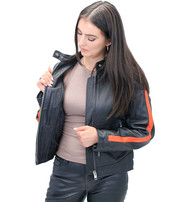 Orange Strip Women's Leather Motorcycle Jacket #L654416ZO