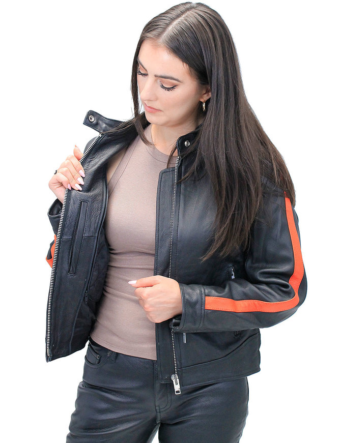 Orange Strip Women's Leather Motorcycle Jacket #L654416ZO