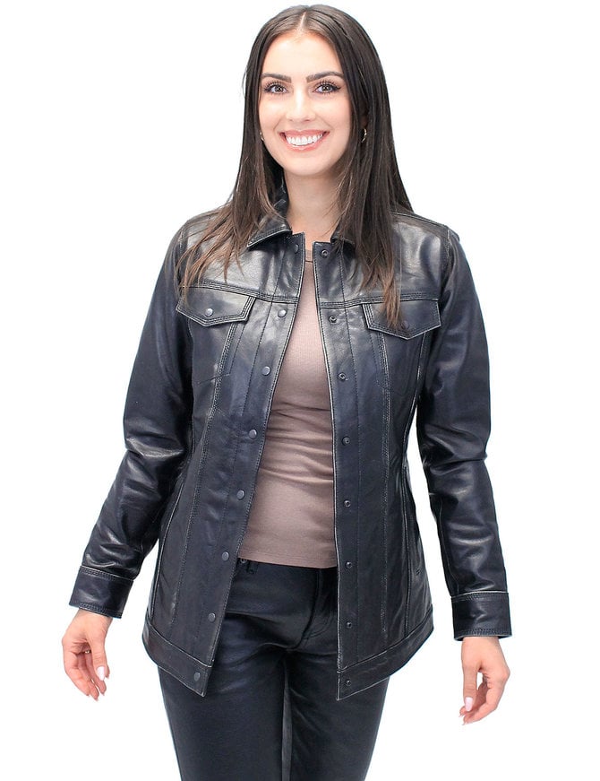 Jamin Leather Vintage Black Women's Long Leather Jean Jacket #LA2010LZK