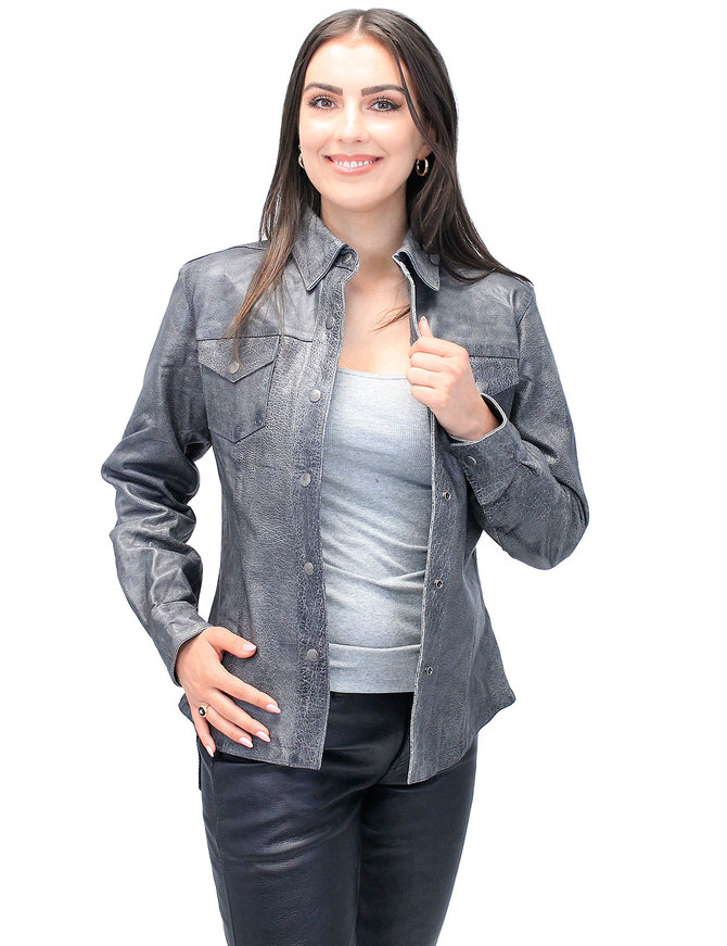 Unik Women's Vintage Gray Leather Shirt #LS8623GY