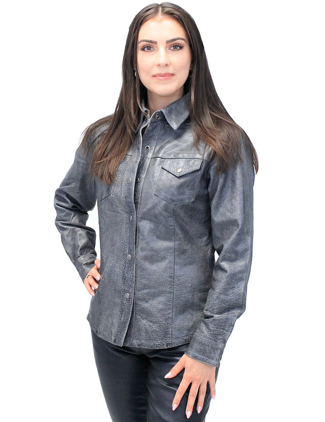 Unik Women's Vintage Gray Leather Shirt #LS8623GY