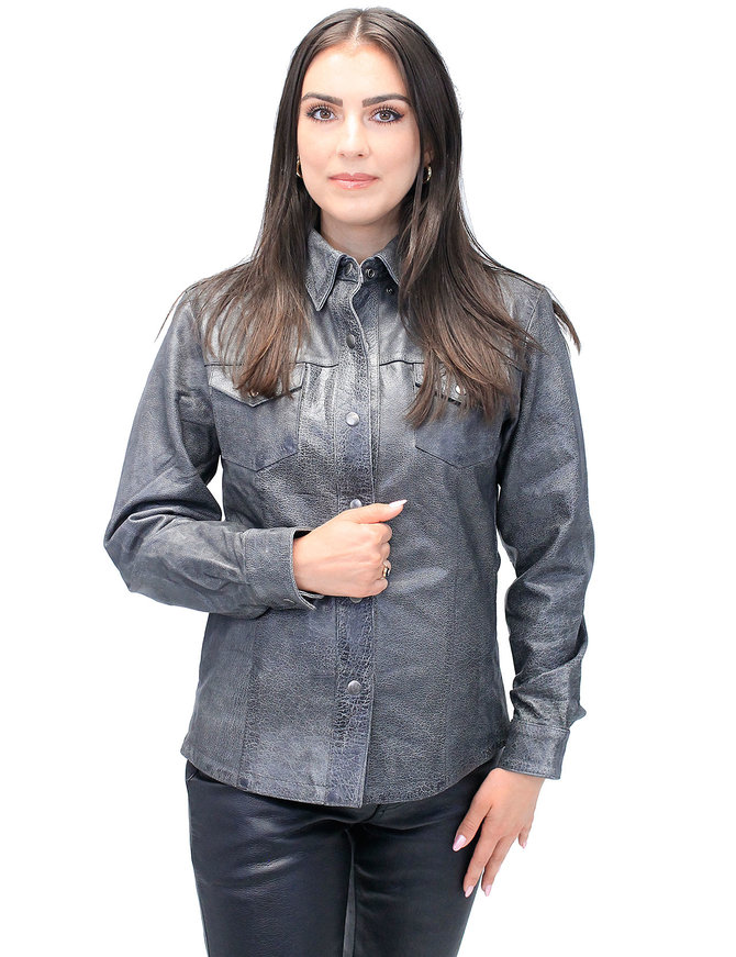 Unik Women's Vintage Gray Leather Shirt #LS8623GY