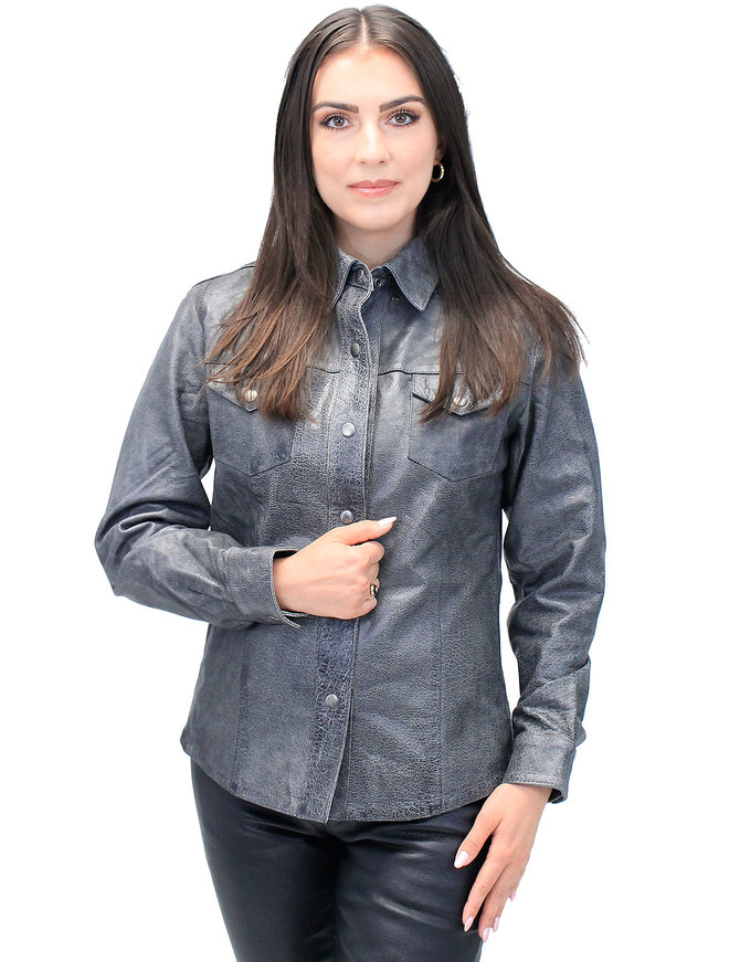 Unik Women's Vintage Gray Leather Shirt #LS8623GY