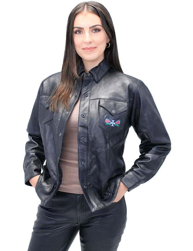 Rose Embroidered Women's Black Leather Shirt #LS86531ROSE