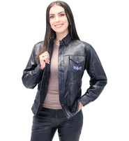 Rose Embroidered Women's Black Leather Shirt #LS86531ROSE