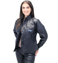 Rose Embroidered Women's Black Leather Shirt #LS86531ROSE