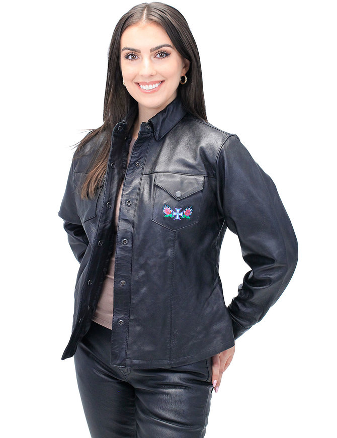 Rose Embroidered Women's Black Leather Shirt #LS86531ROSE