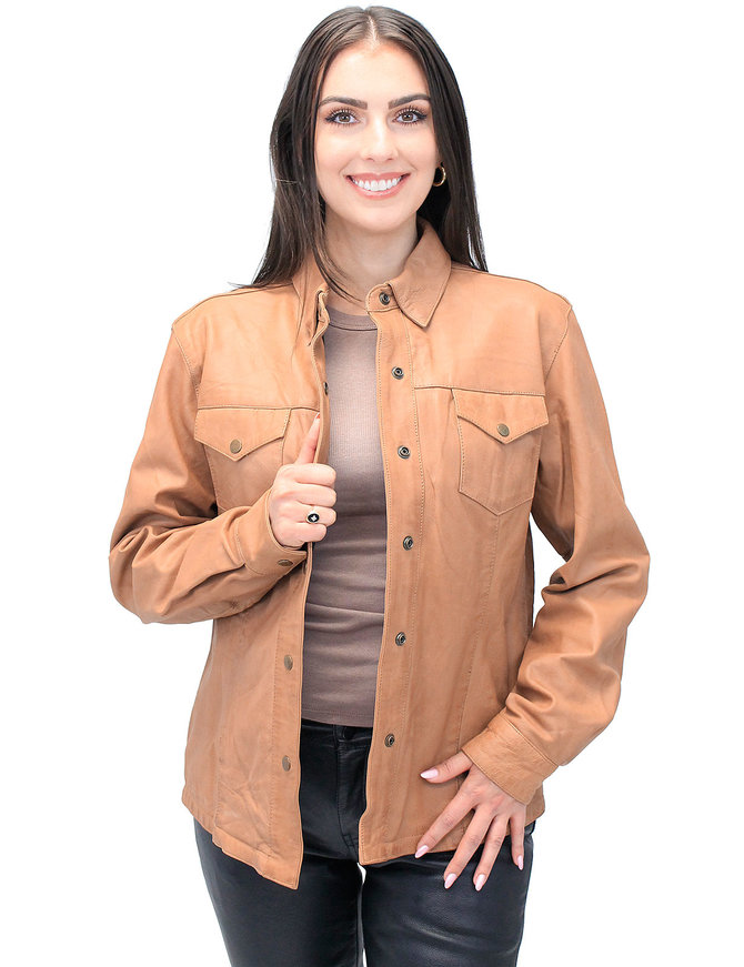 Women's Vintage Tan Soft Lambskin Leather Shirt  #LSA862T