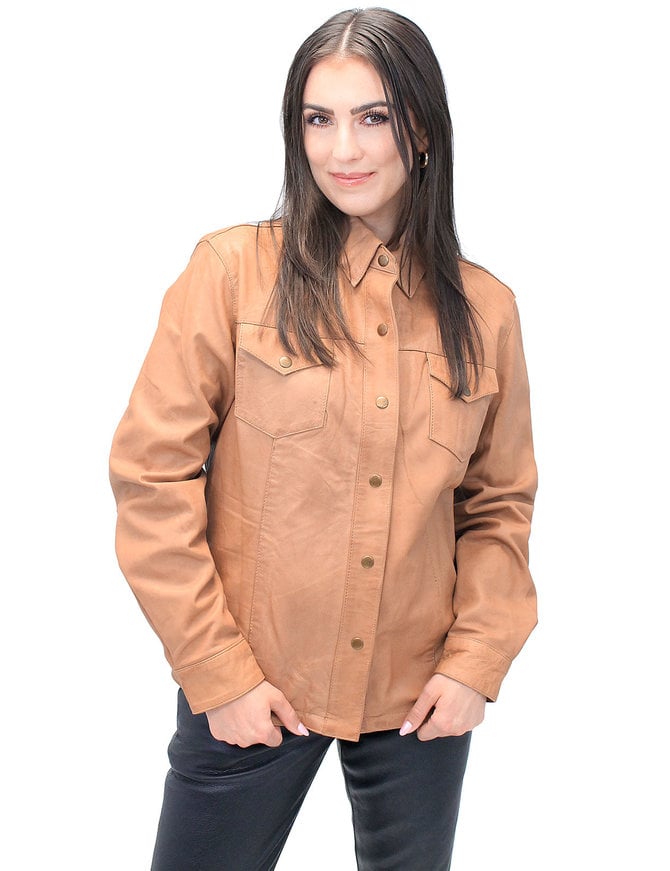 Women's Vintage Tan Soft Lambskin Leather Shirt  #LSA862T