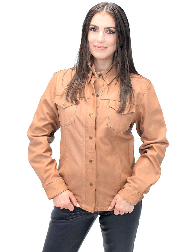 Women's Vintage Tan Soft Lambskin Leather Shirt  #LSA862T