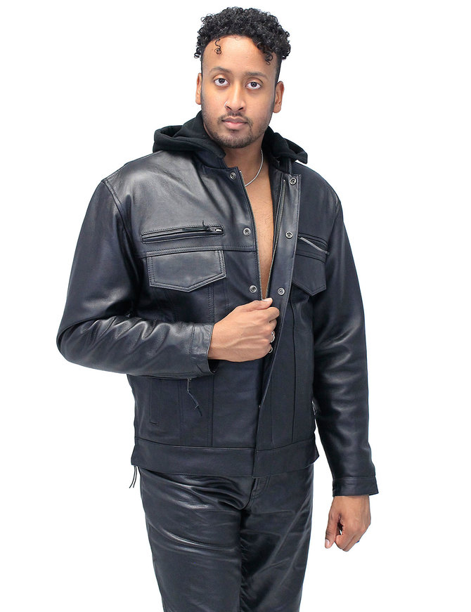 PrimeJackets Mens Hooded Leather Denim Jacket