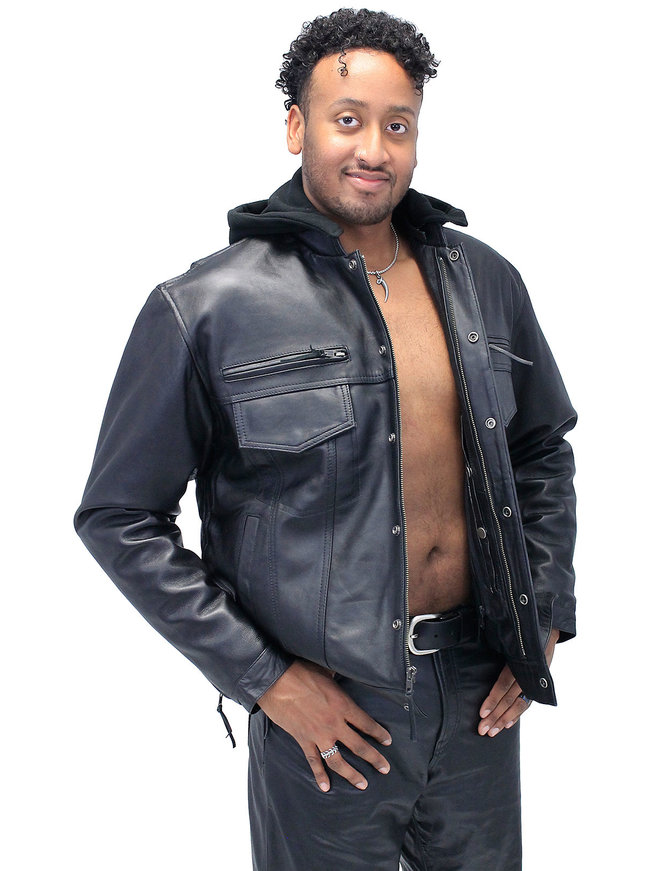 Mens Hooded Leather Denim Jacket