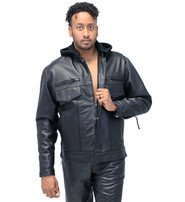 Men's Black Lambskin Hooded Jean Jacket w/Vents #M6905GHK