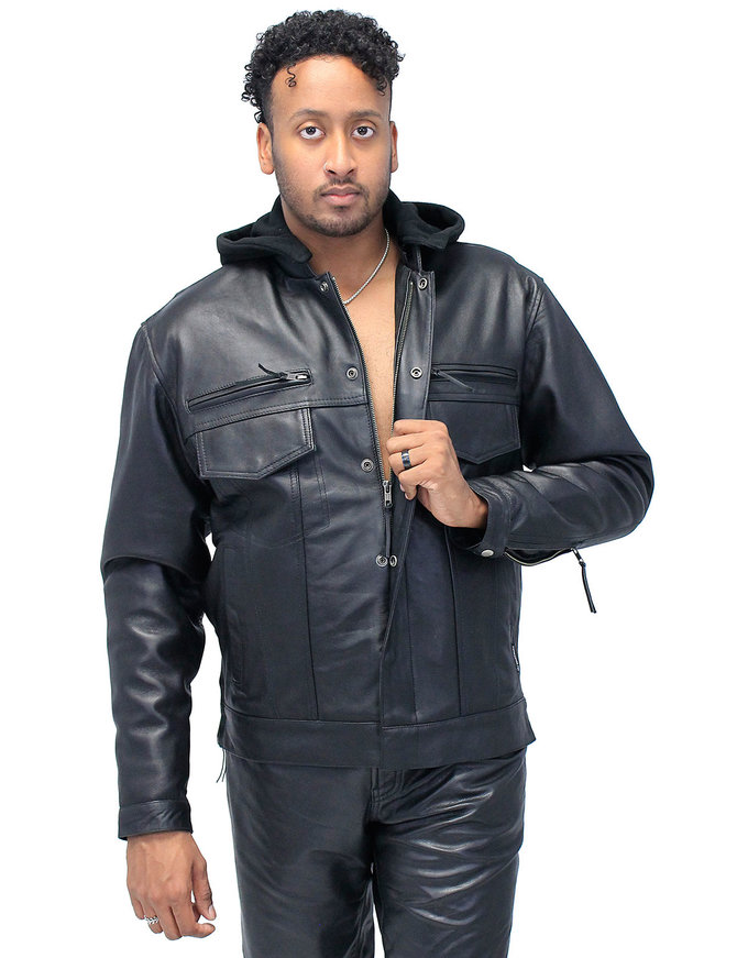 Mens Hooded Leather Denim Jacket