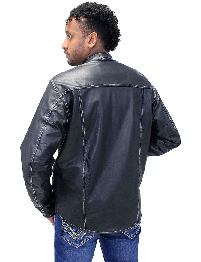 Jamin Leather® Men's White Stitch Mandarin Collar Ultra Premium Leather Shirt #MS903GWK