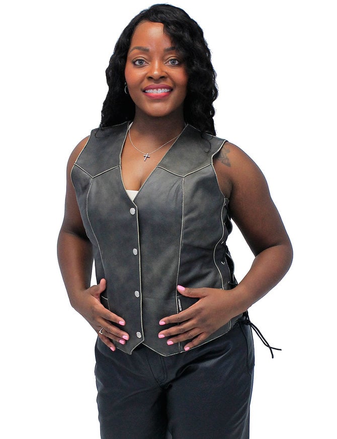Jamin Leather Vintage Brown Leather Vest for Women w/Side Lacing #VLA516LDN