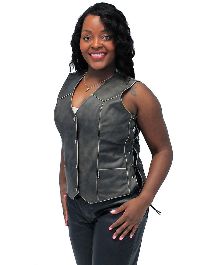 Jamin Leather® Vintage Brown Leather Vest for Women w/Side Lacing #VLA516LDN