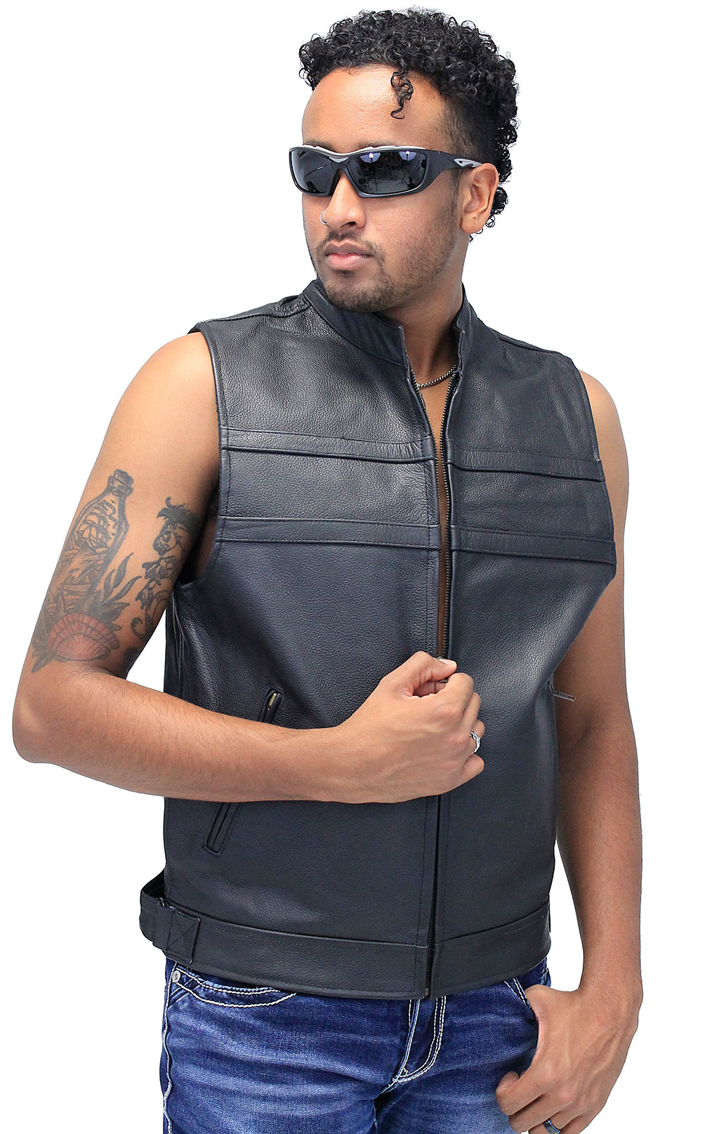 Striped Zip Front Men's Leather Vest #VM1366Z - Jamin Leather®