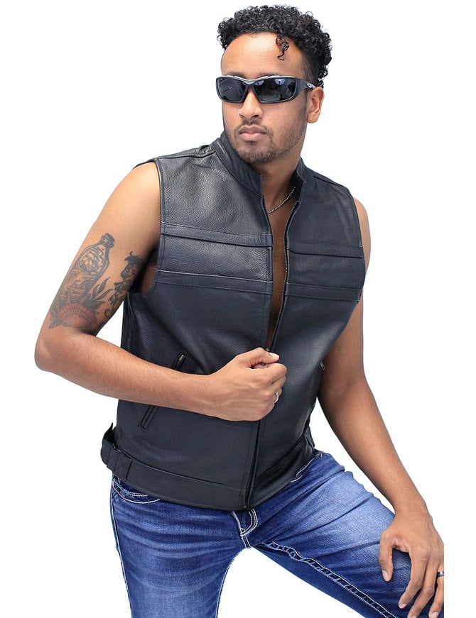 Jamin Leather® Striped Zip Front Men's Leather Vest #VM1366Z