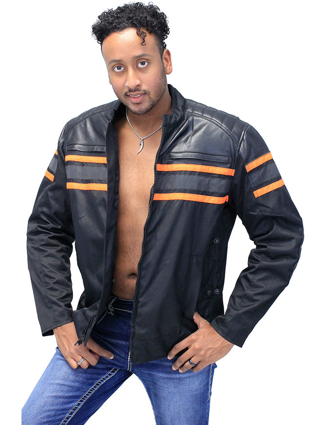 Unik Orange Stripe Armor Reflector Men's Jacket Leather-Textile #MC361616AO