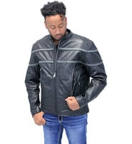 Unik Men's Double Gray Stripe Vented Leather Jacket w/Reflector #M604918VZK