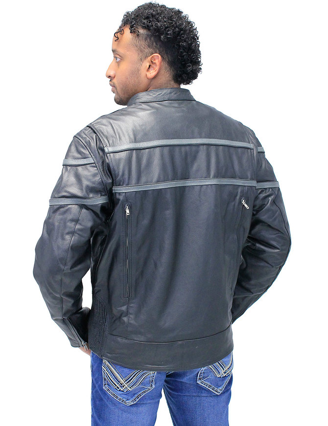 Men's Double Gray Stripe Vented Leather Jacket w/Reflector #M604918VZK ...