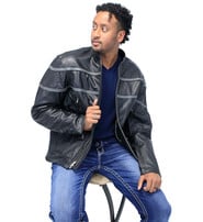 Unik Men's Double Gray Stripe Vented Leather Jacket w/Reflector #M604918VZK