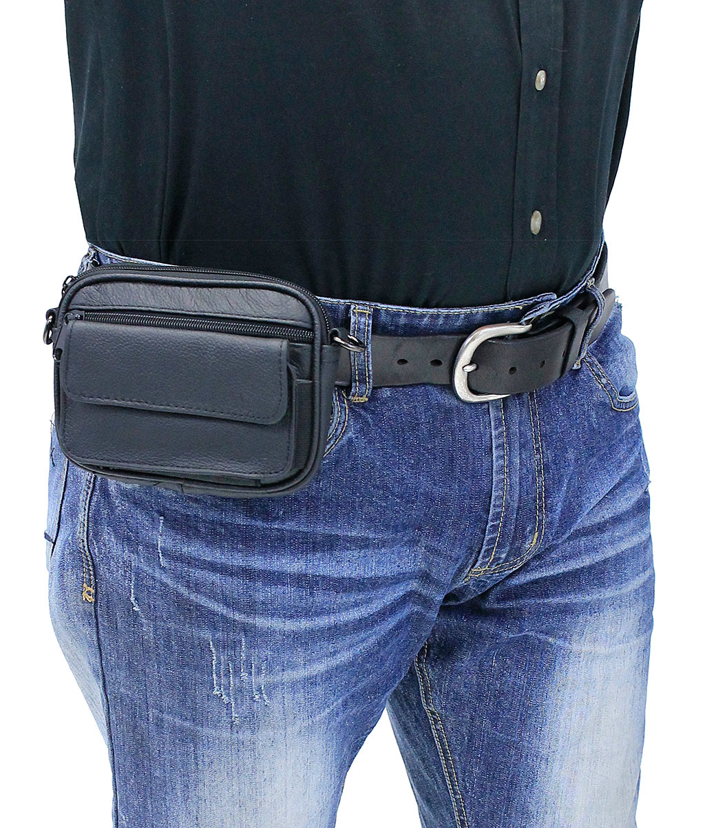  Genuine Leather Fanny Pack Purse 7-Zipper-Pouches Waist Bag  with Adjustable Belt Black Soft Lambskin