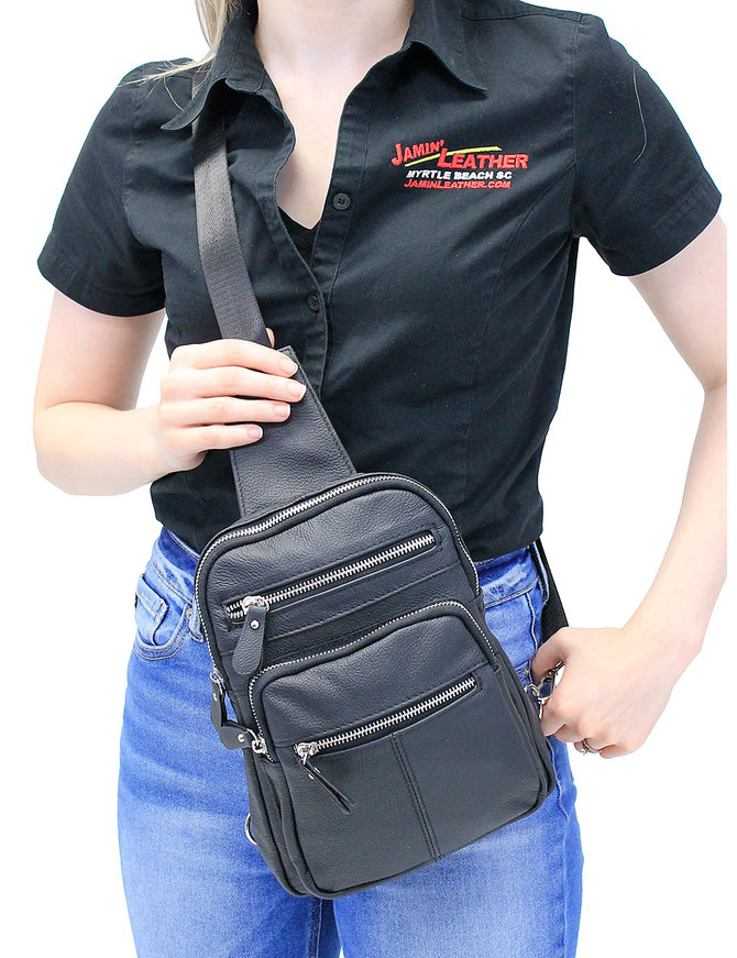 Black Leather Cross Body Sling Bag Pack #BP0040K