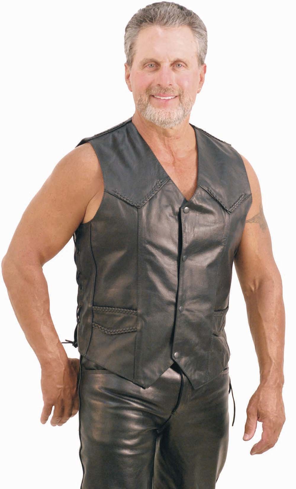 Braid Trim Black Side Lace Men's Leather Vest #VM101BK - Jamin Leather®