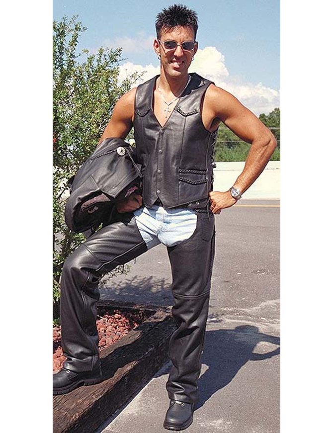 Made in USA Braid Trim Black Side Lace Men's Leather Vest #VM101BK
