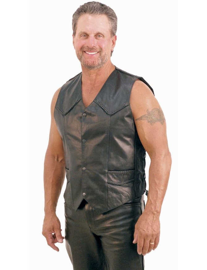 Made in USA Braid Trim Black Side Lace Men's Leather Vest #VM101BK