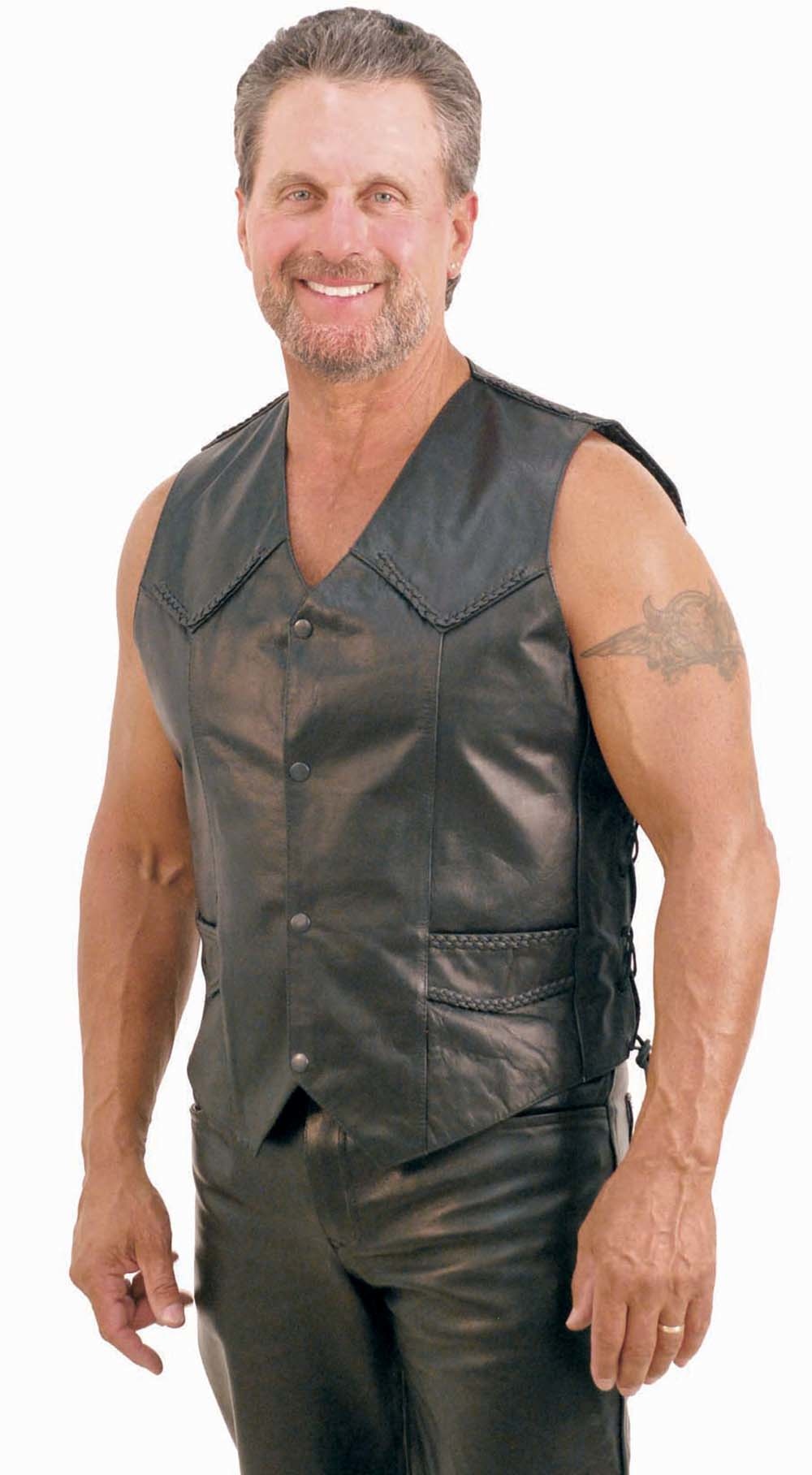 Braid Trim Black Side Lace Men\'s Leather Vest #VM101BK - Jamin Leather®