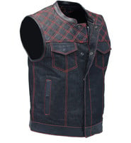 Unik Red Stitch Denim Leather Quilt Concealed Pockets Vest #VM6678DGQR