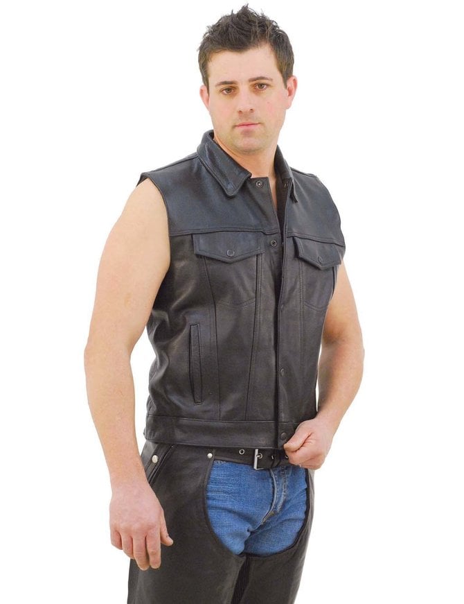 Jamin Leather® Jean Style Leather Club Vest w/Collar & Buffalo Nickel Snaps #VM1331K