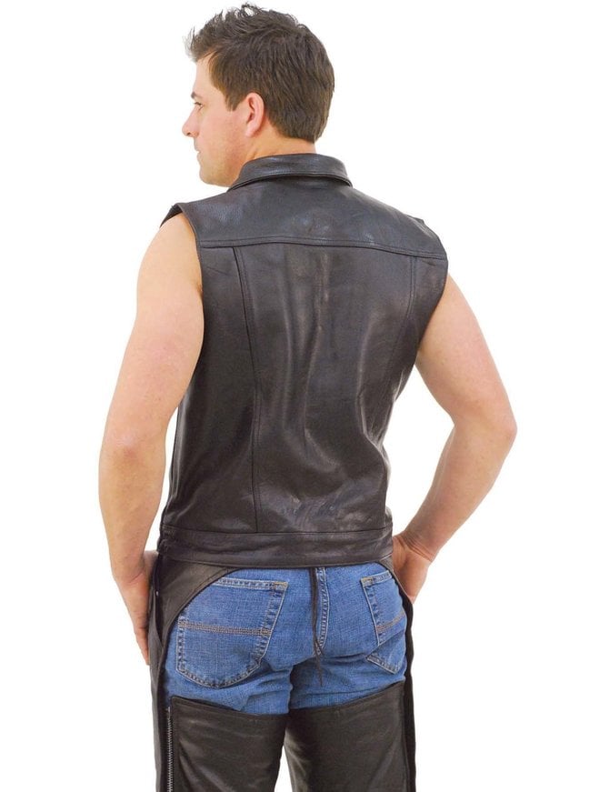 BONJEAN Mens Genuine Leather Rock Vests Metal Chain Biker Vest