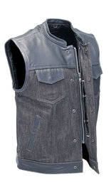 Men's Leather and Denim Gray Stitch Club Vest w/Concealed #VMC912GWK