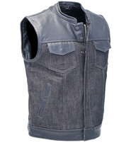 Men's Leather and Denim Gray Stitch Club Vest w/Concealed #VMC912GWK