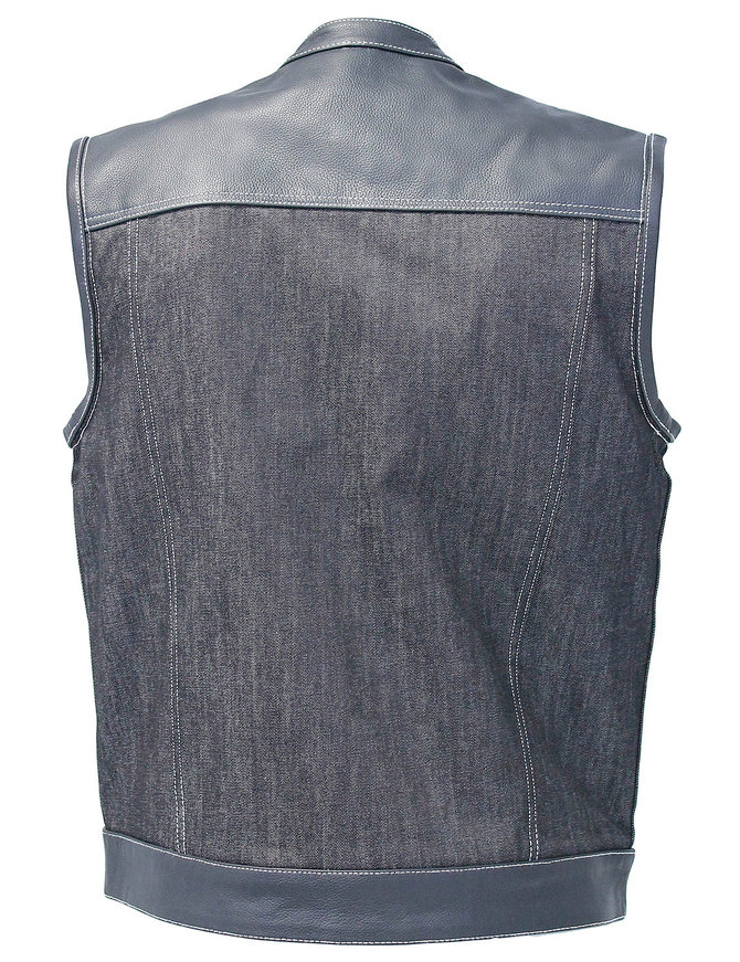 Men's Leather and Denim Gray Stitch Club Vest w/Concealed #VMC912GWK