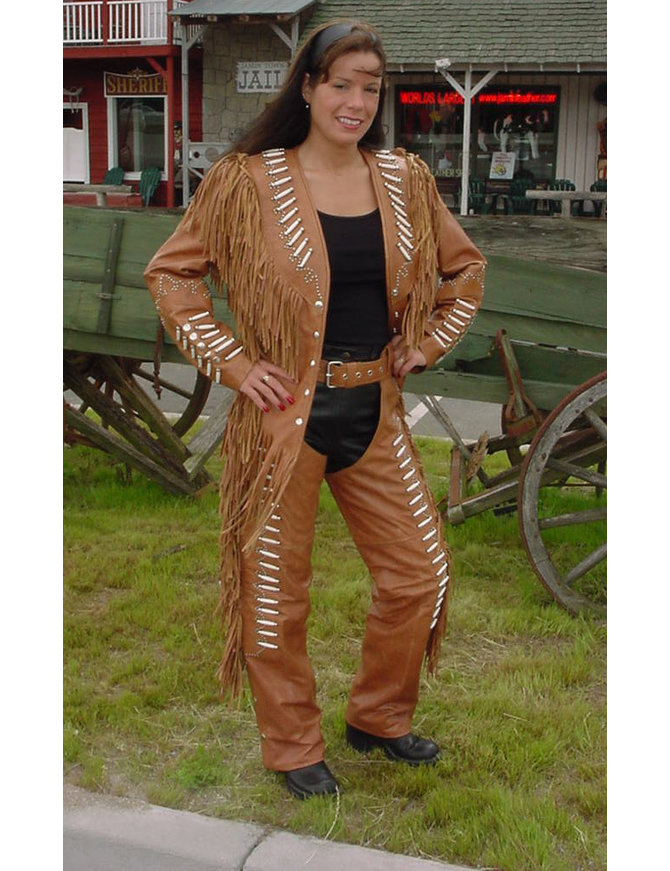 Brown Fringe Jacket w/Bone Beads & Studding #L42521FBN