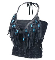 Skull Beaded Leather Fringe Bikini Top #LH1109FBK